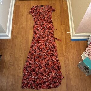 Vici Wrap Dress Womens Medium Pink Rayon Short Sleeve Side Tie Maxi